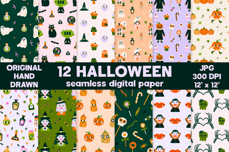 Cute Hand Drawn Halloween Seamless Digital Papers example image 1