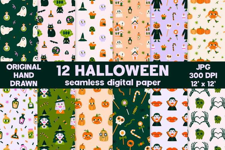 Cute Hand Drawn Halloween Seamless Digital Papers