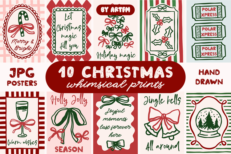 10 Whimsical Coquette Christmas Wall Art Bundle