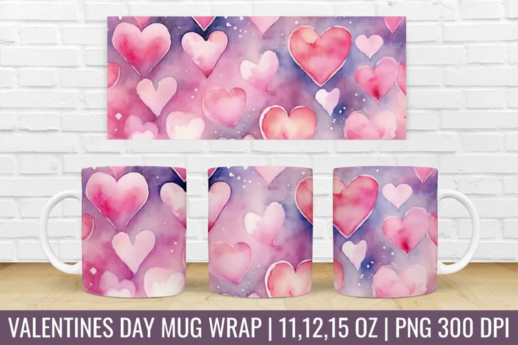 Valentines Day Hearts Mug Wrap|Mug Watercolor Design
