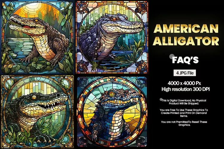 American Alligator Stained Glass Square - 04 Variation