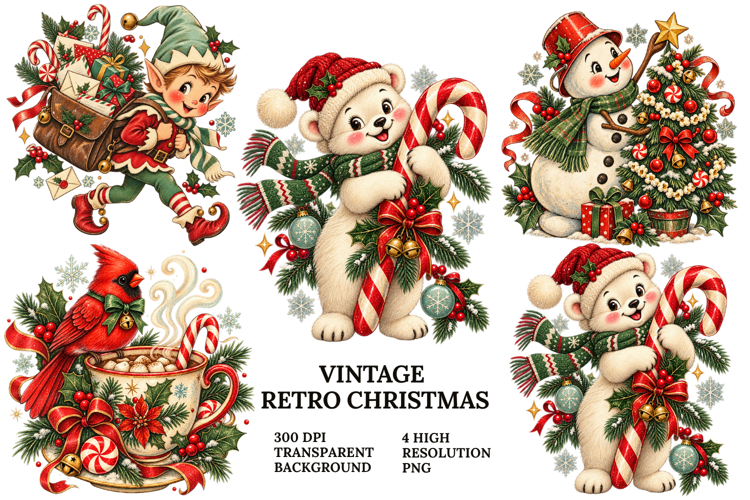Vintage Retro Christmas Animals PNG