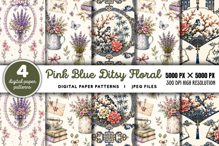 Pink Blue Ditsy Floral Digital Paper JPG