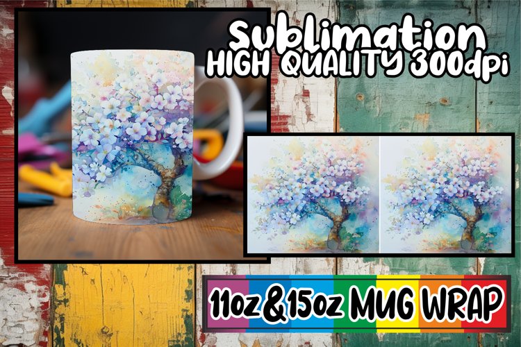 Colorful Spring Mug Sublimation Wrap - Tree Design example image 1