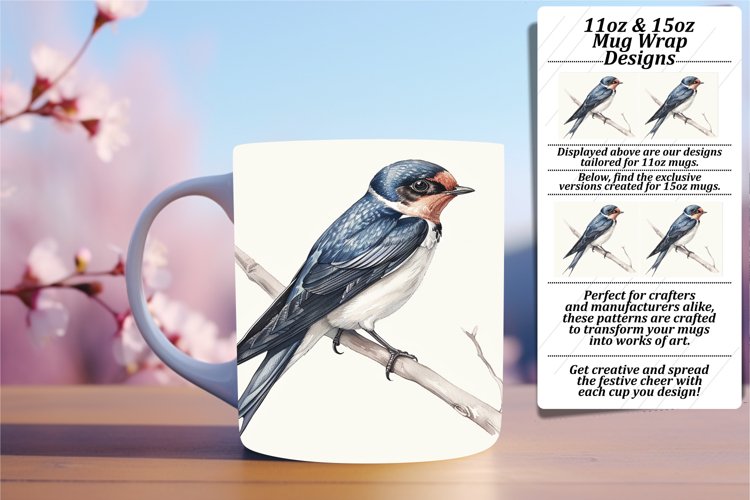 11oz/15oz Mug Wrap with Spring Birds Watercolor Design example image 1