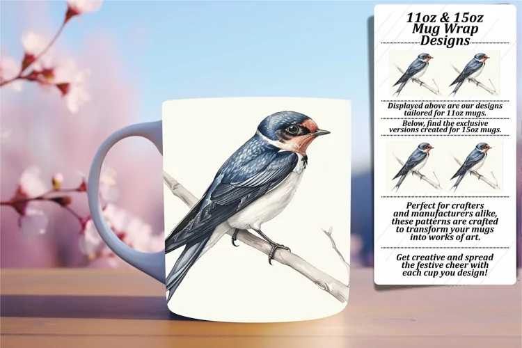 11oz/15oz Mug Wrap with Spring Birds Watercolor Design