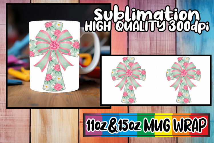 Whimsical charm 11oz 15oz mug wrap, Flower Cross example image 1