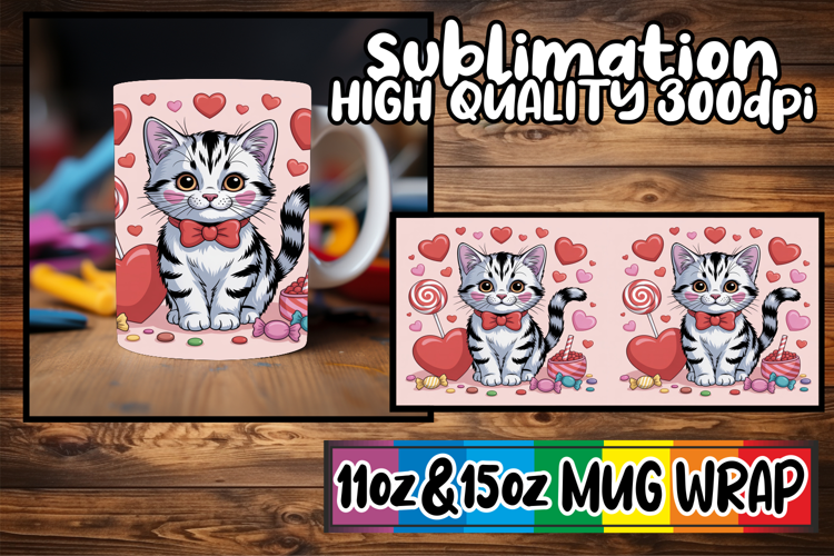 Radiant mornings sublimation mug wrap, Valentines Cat