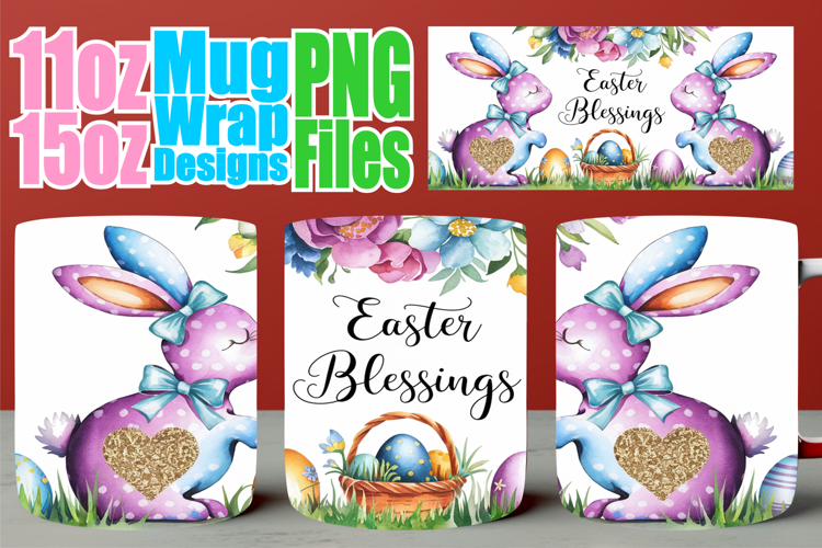Happy hearts 11oz 15oz sublimation wrap, Easter Bunny