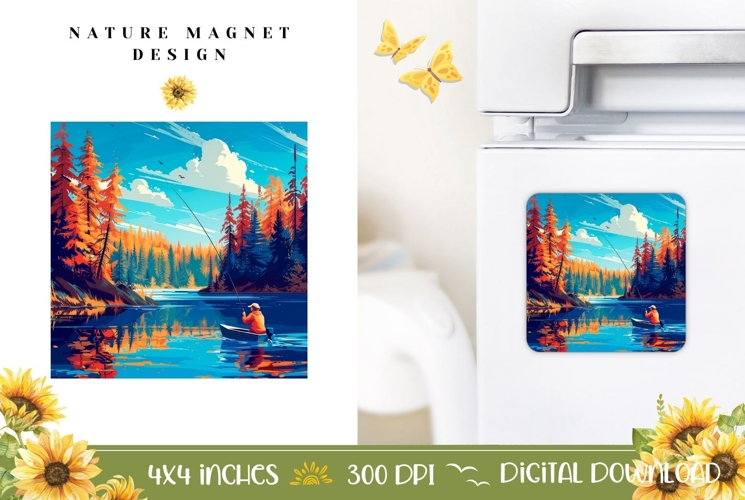 Nature Magnet Design, Cartoon Lake Magnet Template