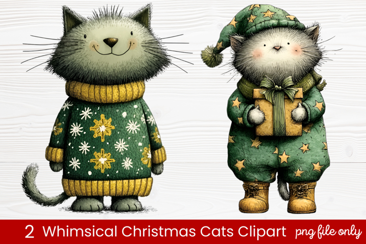 2 Whimsical Christmas Cats Clipart | Cute Festive Cat PNG
