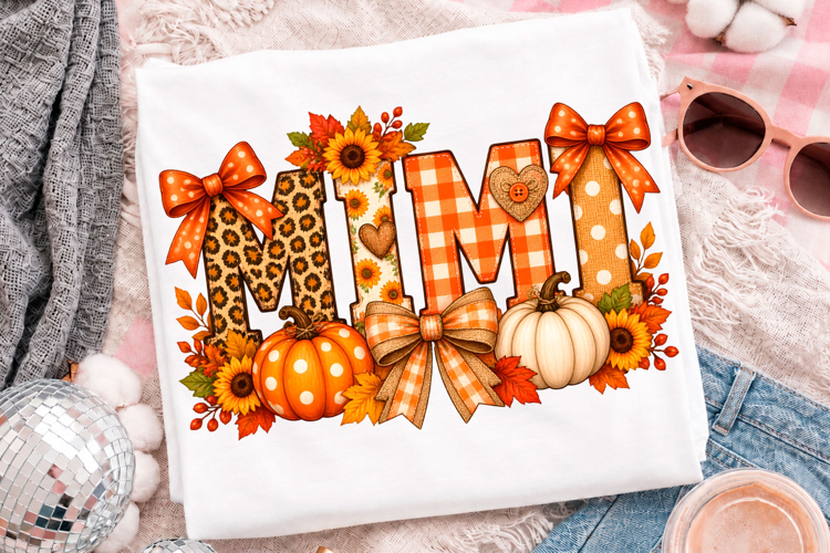 Mama Fall Pumpkin Floral Bow T-Shirt Design
