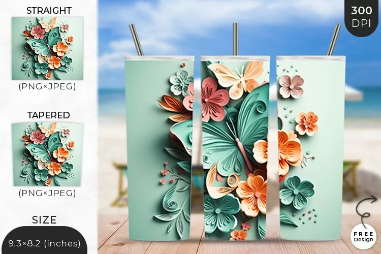 3D Butterfly Tumbler Wrap| 3D Sublimation Wrap Design