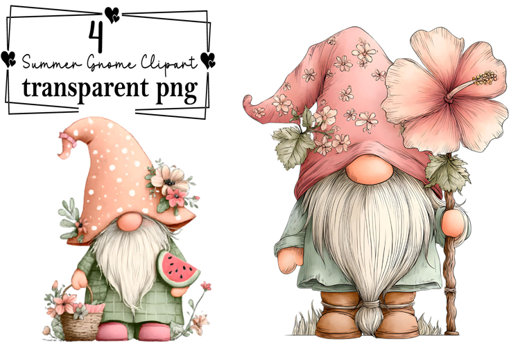 Whimsical Summer Gnome Clipart Watercolor PNG example image 1