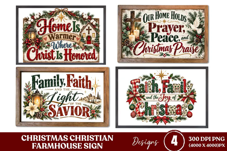 4 Christian Christmas Farmhouse Sign PNGs, 4 Rustic Christma