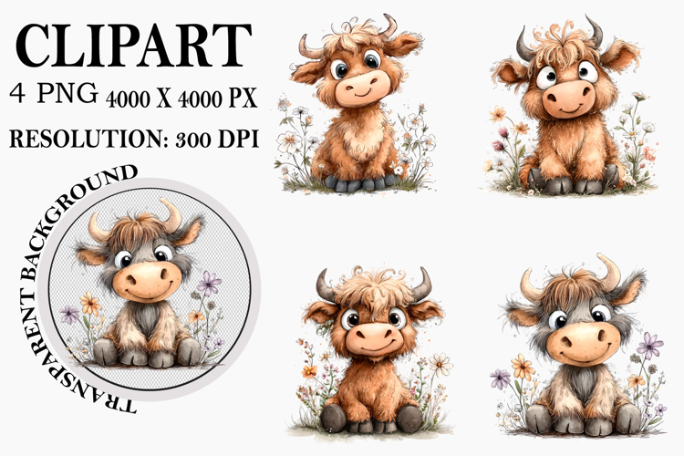 Highland Cow Clipart Watercolor PNG