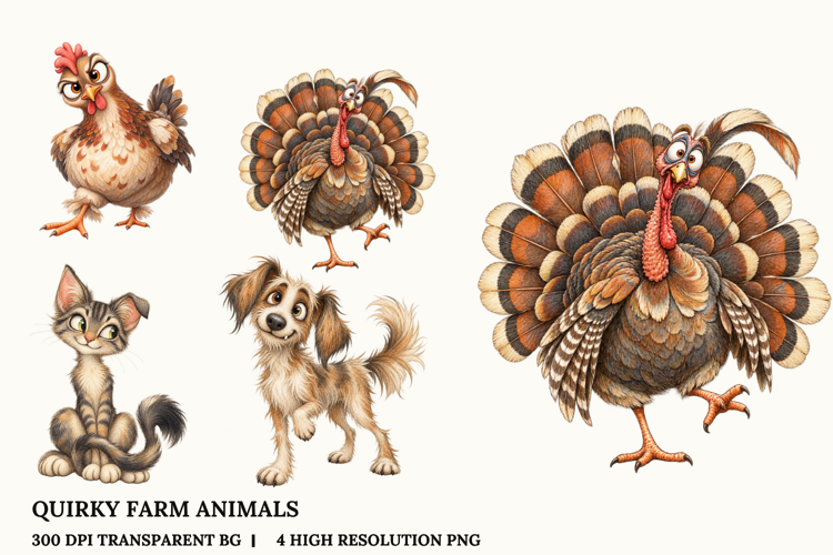 Funny Farm Animals Chicken Turkey Cat Dog PNG Clipart Design