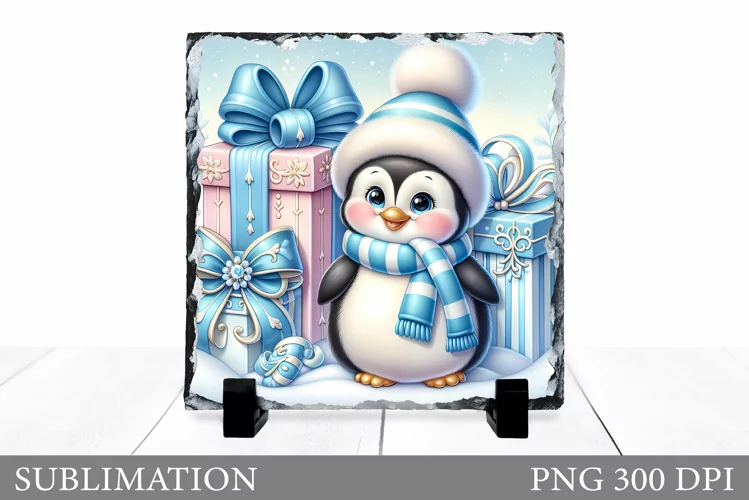 Christmas Penguin Slate Design. Cute Penguin Sublimation