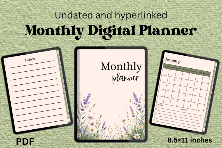 Undated Monthly Digital Planner PDF with Hyperlinked Tabs