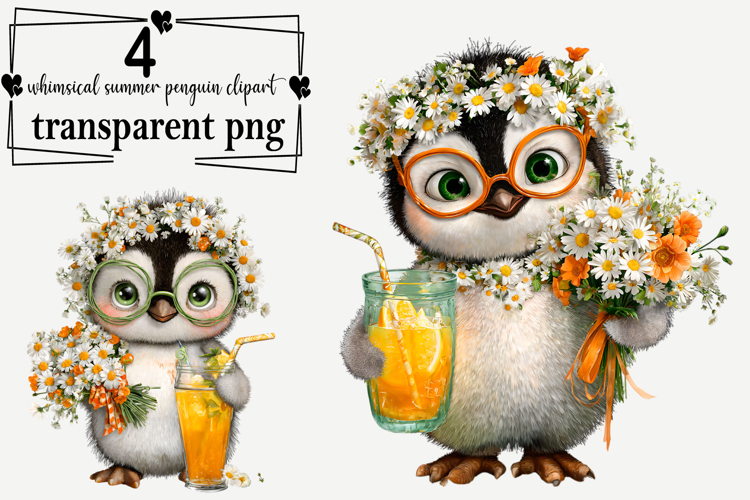 Whimsical Summer Penguin Clipart Watercolor PNG example image 1