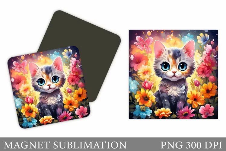 Cat Flowers Magnet Sublimation. Cute Cat Magnet Design