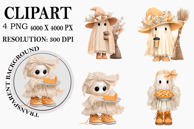 Cozy Fall Halloween Ghosts Clipart Watercolor PNG