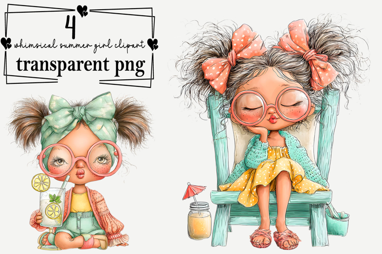 whimsical summer girl clipart Watercolor PNG example image 1