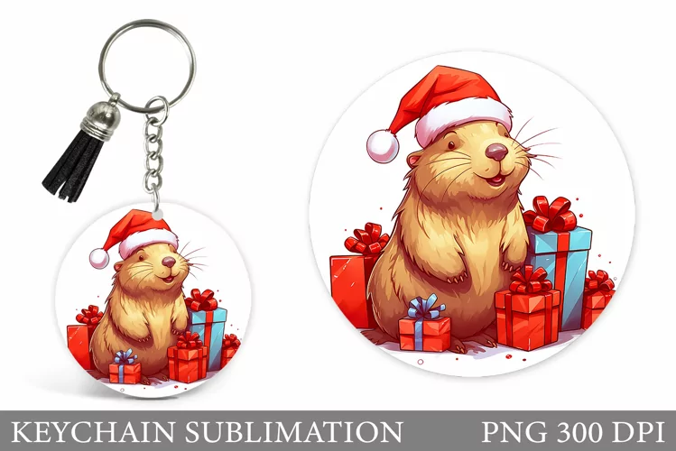 Christmas Beaver Keychain. Santa Beaver Round Keychain