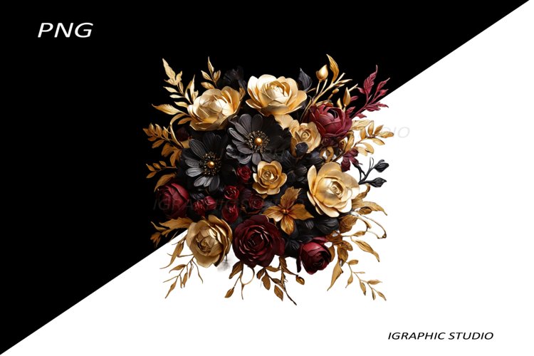 Black and Gold Flowers PNG, Watercolor Floral, Bouquet