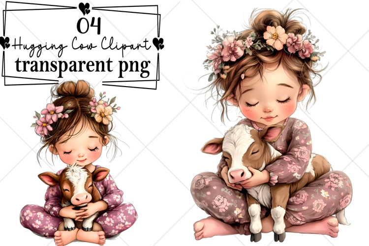 Whimsical Girl Hugging Cow Clipart Watercolor PNG