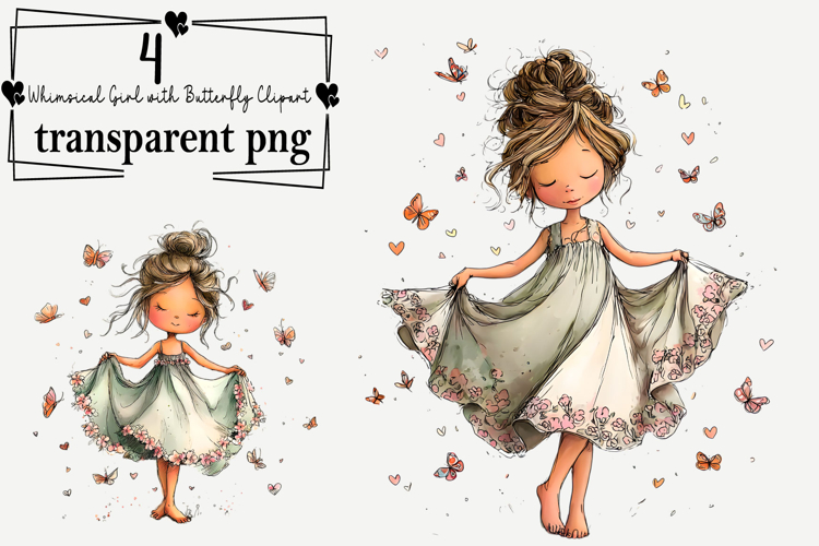 Whimsical Girl Butterfly Clipart Watercolor PNG