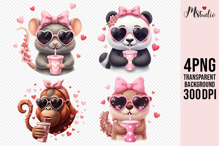 Adorable Heart-Style Animals with Pink Drinks PNG