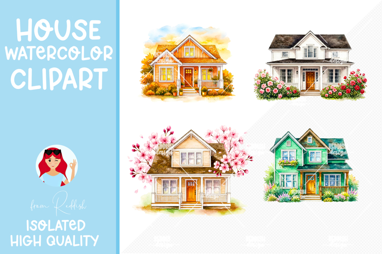 4 Cozy Watercolor House Clipart