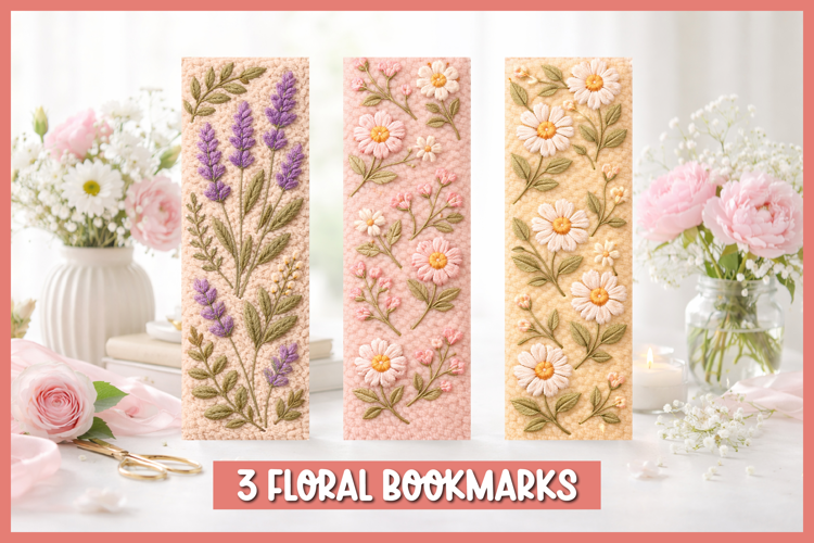 Punch needle bookmark with embroidered flowers
