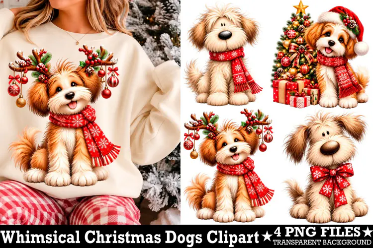 Whimsical Christmas Dog Clipart Watercolor PNG