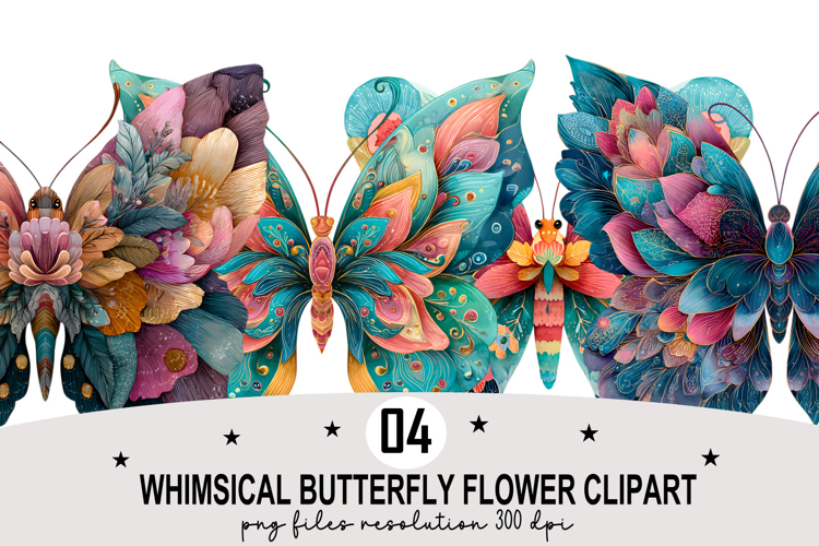 Whimsical Butterfly Flower Clipart Watercolor PNG example image 1