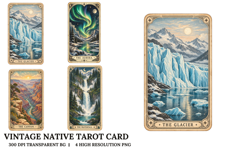 Vintage Nature Tarot Glacier Aurora Canyon Waterfall PNG