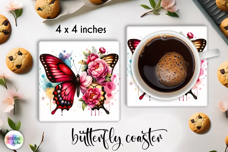 Floral Butterfly Coaster | Watercolour Butterfly Coaster PNG