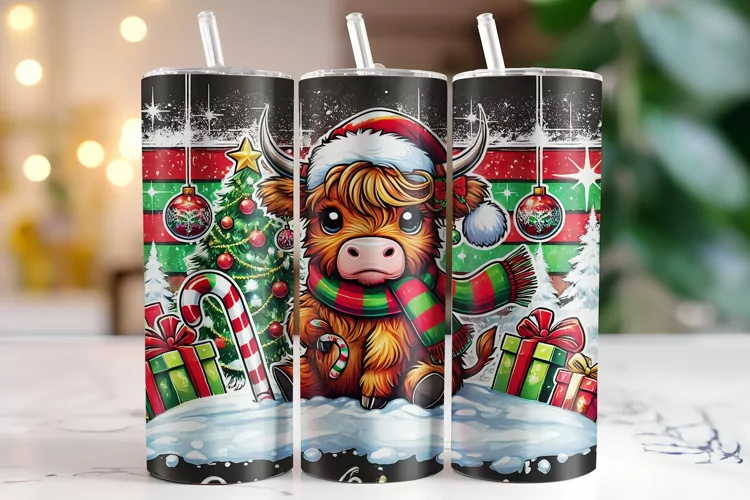 Christmas Highland Cow Tumbler Wrap | Sublimation | Tumblers