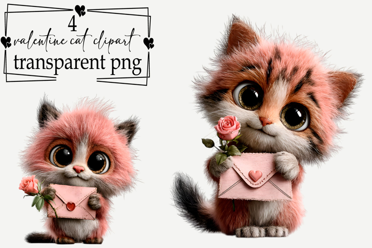Valentine Cat Love Clipart Watercolor PNG