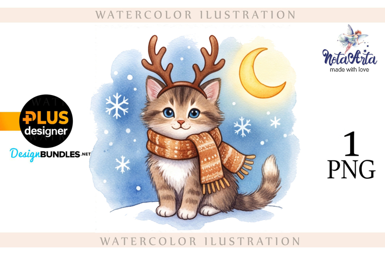 Christmas Kitten in Watercolor Style