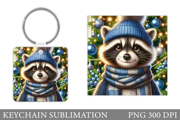 Cute Raccoon Keychain Design. Raccoon Christmas Keychain example image 1