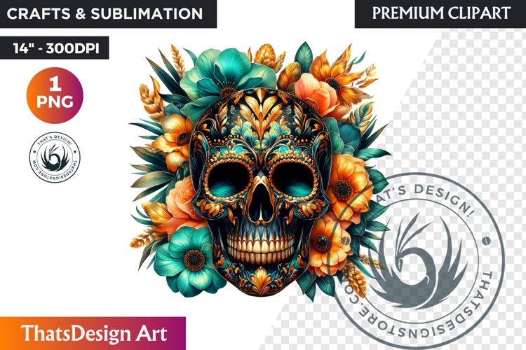 Floral Black Gold Sugar Skull dia de muertos Clipart PNG