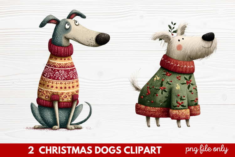2 Christmas Dogs Clipart | Cute Holiday Puppy PNG Illustrati