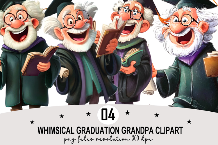 Whimsical Graduation Grandpa Clipart Watercolor PNG