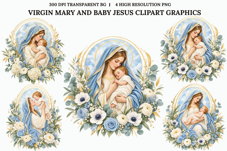 Virgin Mary Baby Jesus Floral Christian Sublimation PNG example image 1