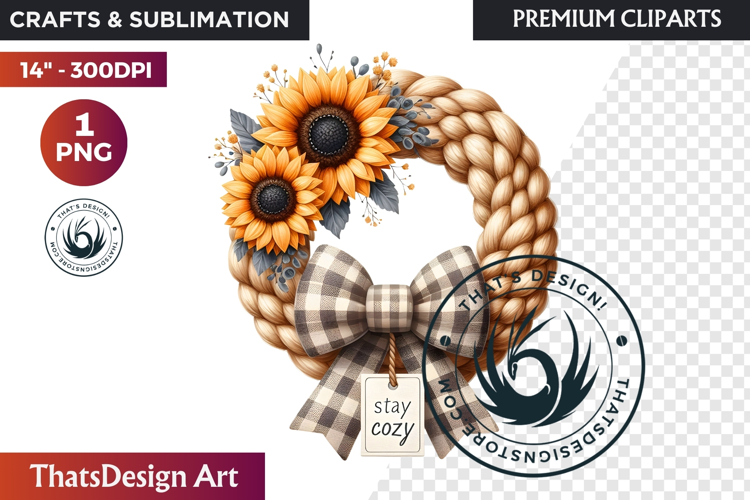 Sunflower Autumn Wreath - Rustic Farmhouse Harvest PNG