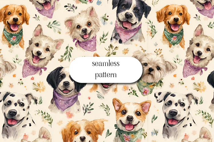 Cute Dogs Seamless Pattern Watercolor Puppy Design