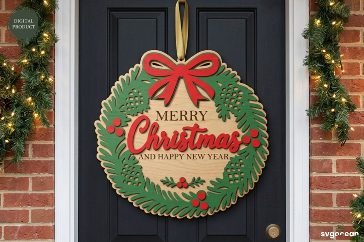 Christmas Door Sign Laser Cut | Xmas Wreath Sign | SVG