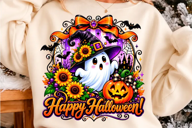 Cute Witch Ghost Sunflower Halloween PNG